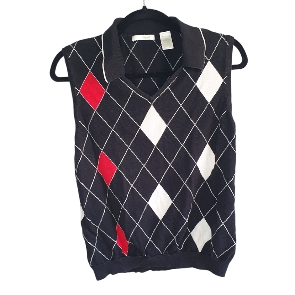LIZ GOLF Elegant Shirt Vest Collar V Neck Black/Red/White Women's Size‎ L